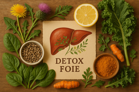Un foie sain et lumineux recevant de l'énergie de sources naturelles qui l'entourent : eau citronnée, chardon-marie et légumes verts, symbolisant une détoxification hépatique naturelle et efficace.