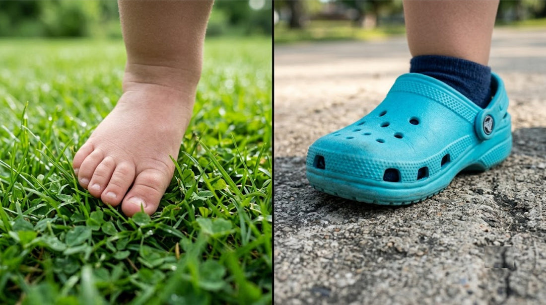Comparaison entre un pied d'enfant nu sur l'herbe favorisant la proprioception et une chaussure en mousse à semelle rigide isolante
