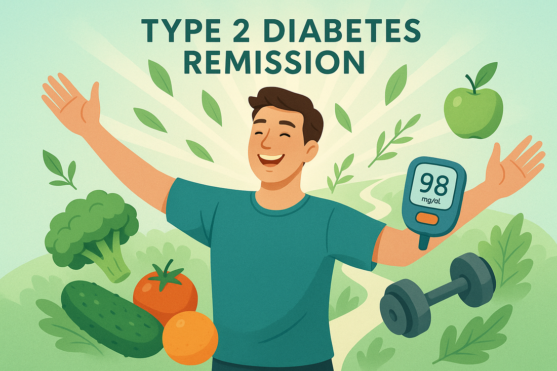 Une chaîne médicale symbolisant le diabète de type 2 se brise en éclats de lumière libérant une personne qui a guérit de son diabète, illustrant la possibilité de rémission et de libération de la maladie.
