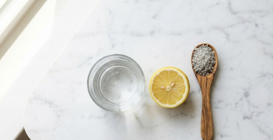 Verre d'eau, demi-citron et pincée de sel marin non raffiné pour l'hydratation cellulaire matinale