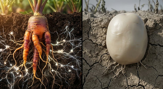 Comparaison entre un légume cultivé sur un sol vivant et riche en nutriments face à un légume issu de l'agriculture intensive touché par l'effet de dilution
