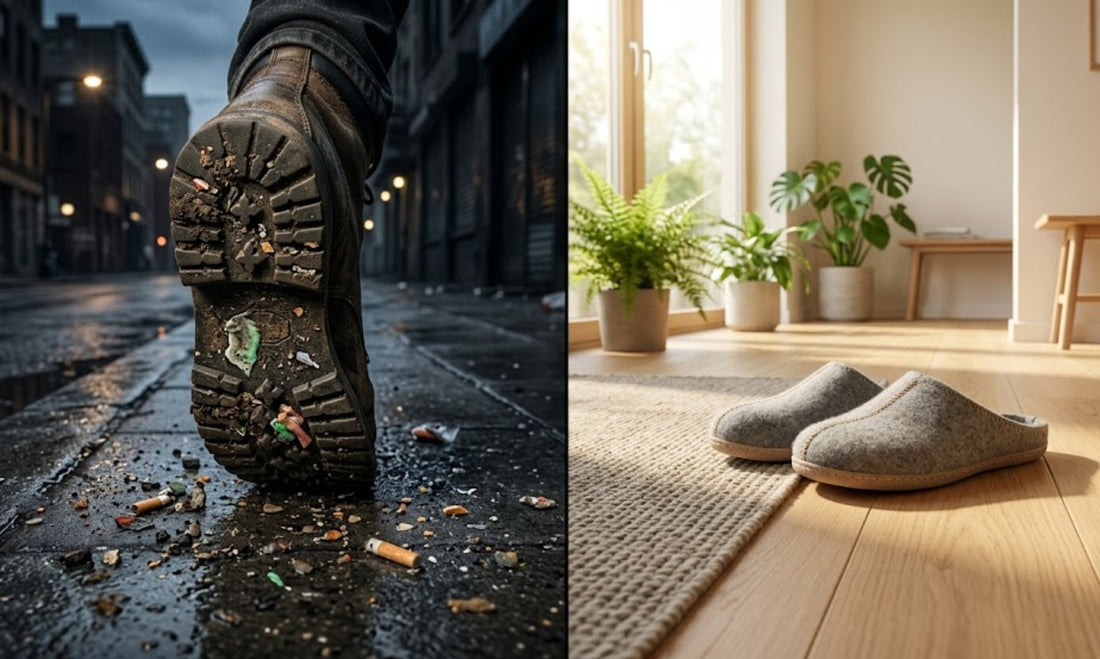 Contraste entre les bactéries et saletés présentes sur les semelles de chaussures en ville et un intérieur de maison sain et propre avec chaussons naturels