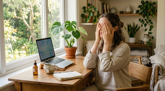 Personne réalisant l'exercice visuel de palming pour soulager la fatigue oculaire naturellement devant son ordinateur