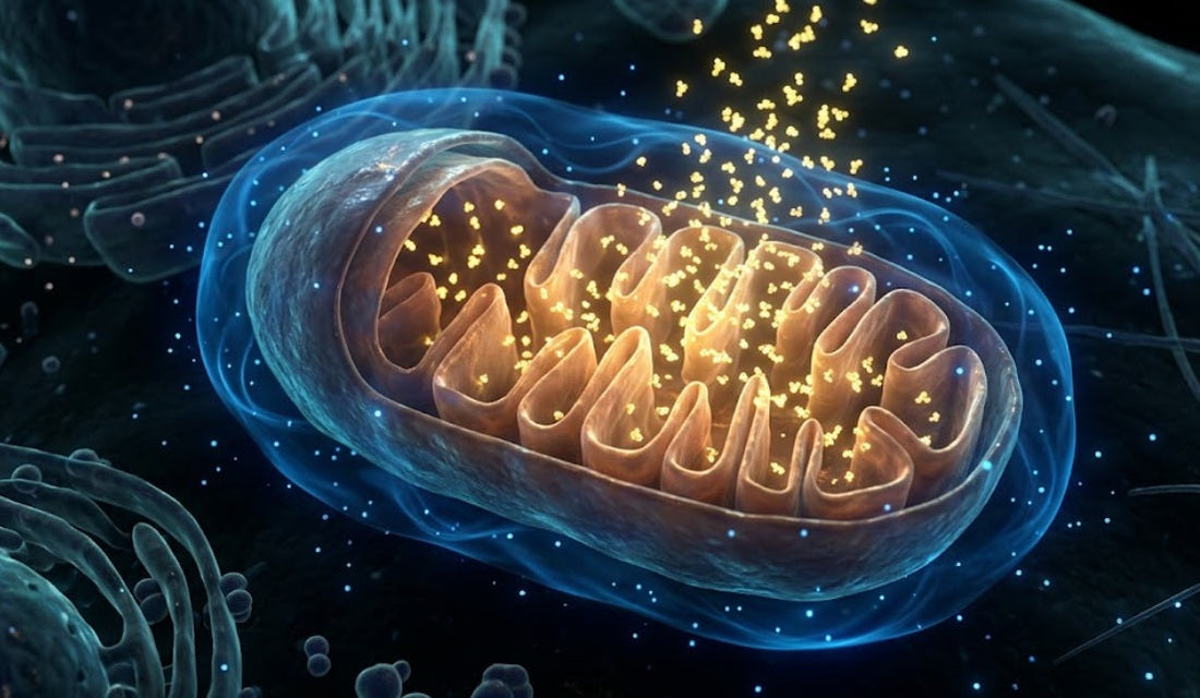 Représentation 3D d'une mitochondrie saine produisant de l'énergie ATP grâce aux électrolytes du plasma marin