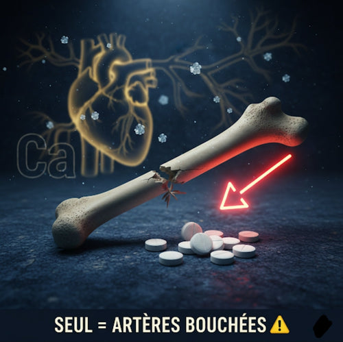 Image montrant un os fissuré et des pilules de calcium. Elle illustre le danger de prendre du calcium seul. Risque de calcification artérielle (cœur visible en arrière-plan) au lieu de renforcer les os.