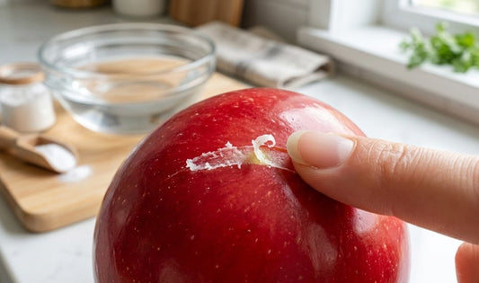 Nettoyage d'une pomme cirée avec du bicarbonate de soude pour éliminer les pesticides.