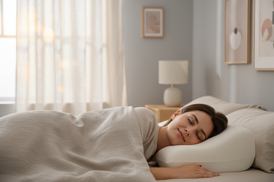 Personne dormant sur le côté, sa nuque parfaitement soutenue par un oreiller cervical ergonomique.