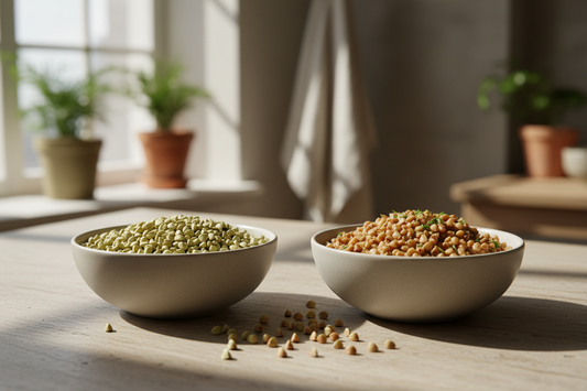 Bol de sarrasin cru et cuit riche en protéines et magnésium pour une alimentation saine sans gluten.