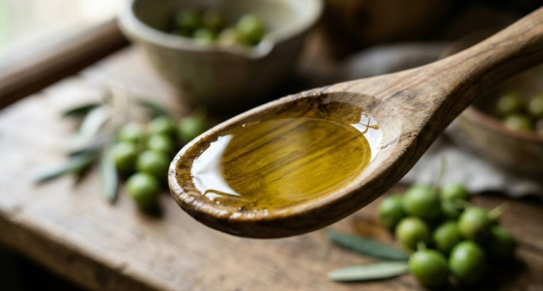 Gros plan sur une cuillère d'huile d'olive extra vierge fraîche, riche en oléocanthal anti-inflammatoire naturel