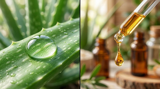 Goutte d'eau sur aloe vera et huile végétale illustrant la différence entre hydrater et nourrir la peau naturellement