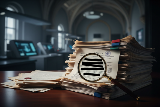 Dossiers officiels et contrats de Big Pharma avec des passages caviardés sous une loupe, symbolisant l'enquête sur la transparence sanitaire.