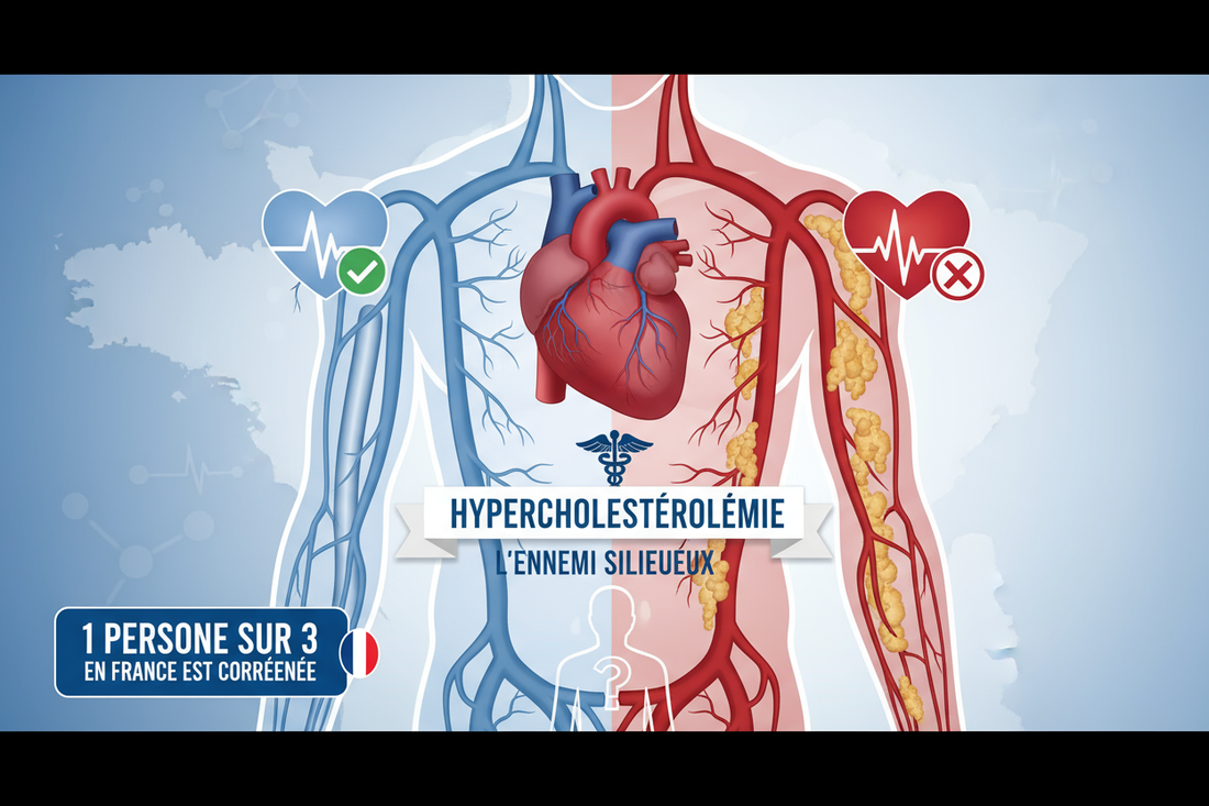 Illustration scientifique de l'athérosclérose, montrant l'accumulation de cholestérol LDL qui obstrue une artère, un risque majeur de l'hypercholestérolémie, d'un coté, et un corps sain de l'autre coté.