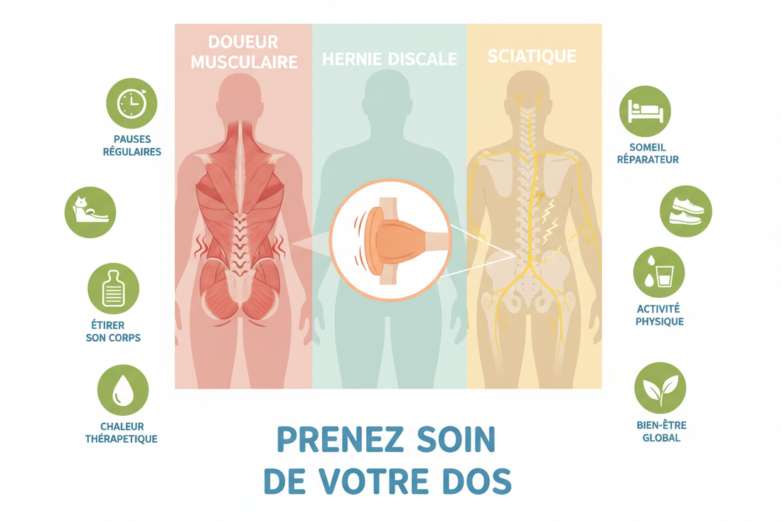 Trois types de mal de dos (musculaire, discal, nerveux) et sept solutions naturelles pour soulager douleurs dorsales et lombaires efficacement