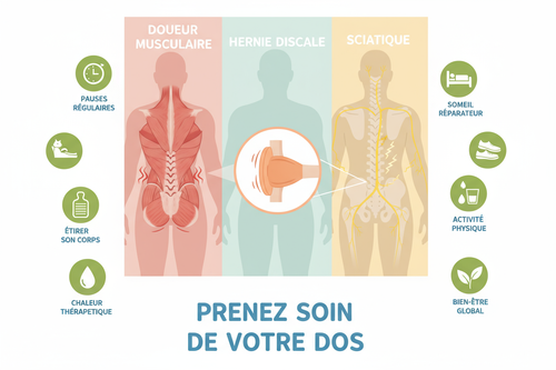Trois types de mal de dos (musculaire, discal, nerveux) et sept solutions naturelles pour soulager douleurs dorsales et lombaires efficacement
