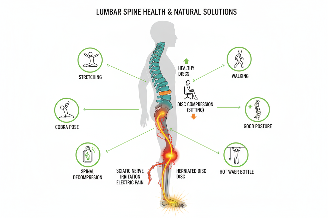 Anatomie colonne vertébrale lombaire montrant compression discale, hernie, sciatique et 7 solutions naturelles pour soulager maux de dos et lumbago