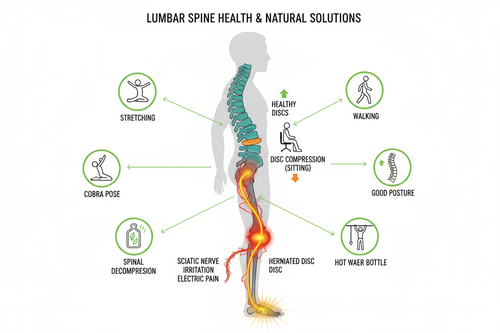 Anatomie colonne vertébrale lombaire montrant compression discale, hernie, sciatique et 7 solutions naturelles pour soulager maux de dos et lumbago