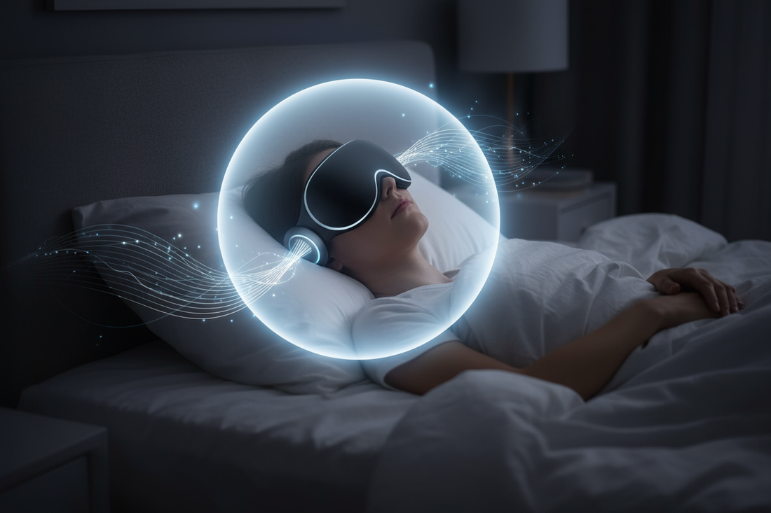 Une personne dormant paisiblement avec un masque de sommeil audio qui crée une bulle de lumière et de son, la protégeant du monde extérieur et symbolisant un sommeil parfait.