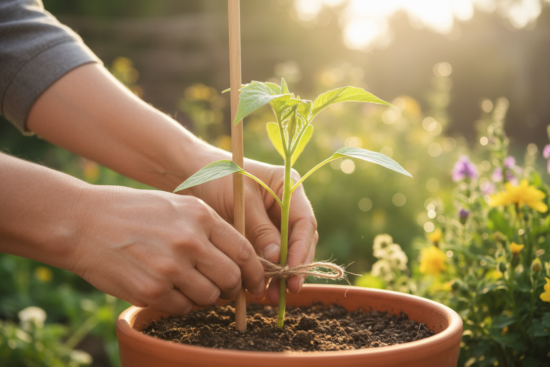 Des mains bienveillantes ajustent le tuteur d'une jeune plante pour l'aider à grandir droit, symbolisant le rôle du suivi en naturopathie pour assurer des progrès durables.