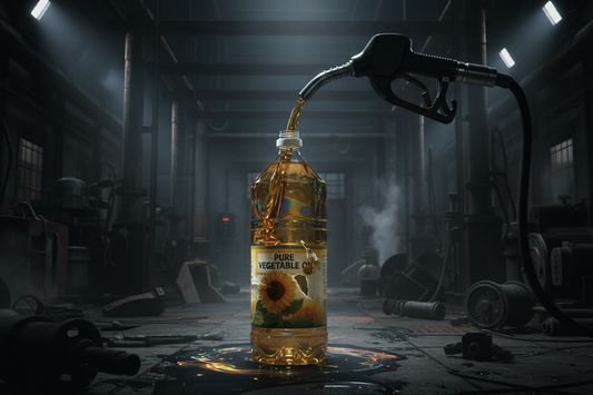 Un pistolet de pompe à essence remplissant une bouteille d'huile de cuisson, symbolisant la contamination toxique des aliments par l'hexane, un dérivé du pétrole.