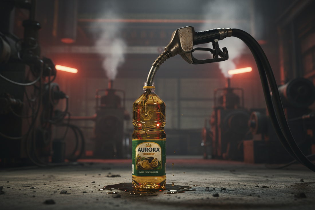 Un pistolet de pompe à essence remplissant une bouteille d'huile de cuisson, symbolisant la contamination toxique des aliments par l'hexane, un dérivé du pétrole.