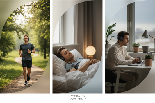 Montage d'une personne utilisant un bandeau audio confortablement pour la course, le sommeil et au quotidien, illustrant sa polyvalence.