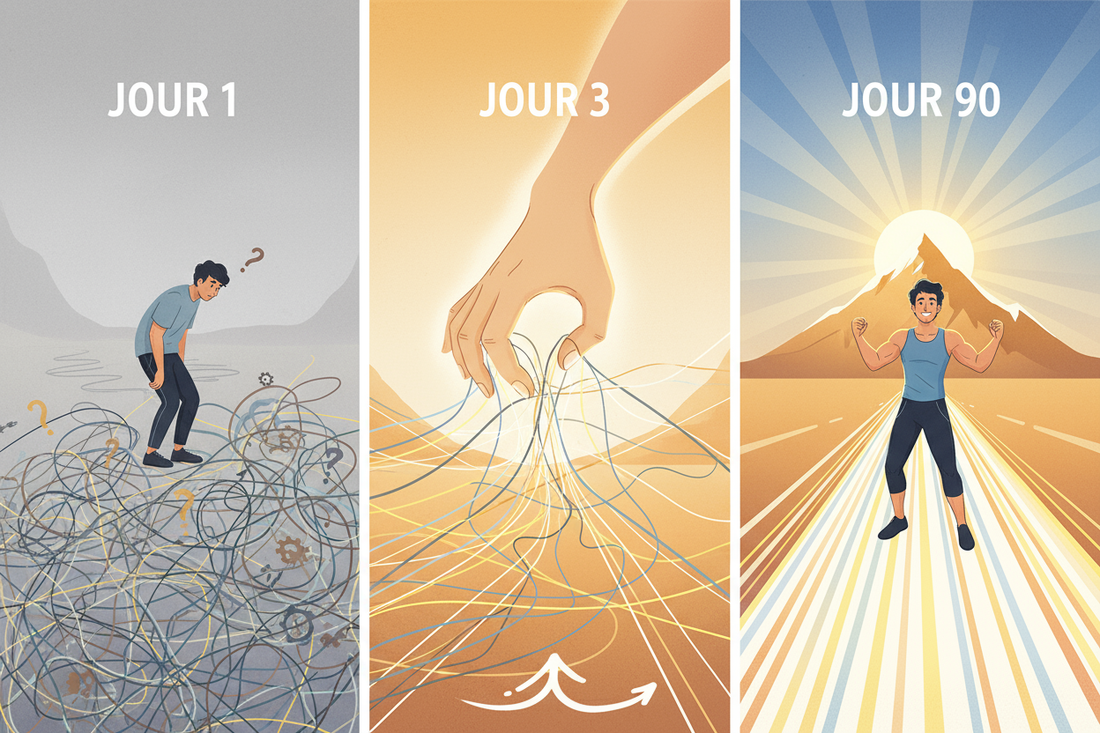 Une frise chronologique montrant une personne passant d'un chemin chaotique à un chemin clair en 90 jours grâce à l'aide d'un coach, symbolisant la réussite de ses objectifs.