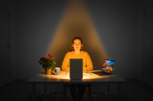 Une personne dans une pièce grise est illuminée par un cône de lumière colorée provenant d'une lampe de luminothérapie sur son bureau, symbolisant la lutte contre le blues de l'hiver.