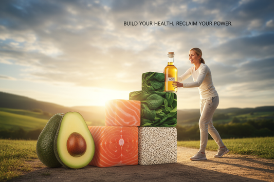 Une personne construisant un mur protecteur avec des briques en forme d'aliments sains (avocat, saumon), symbolisant la lutte contre le diabète en ajoutant les bons nutriments.