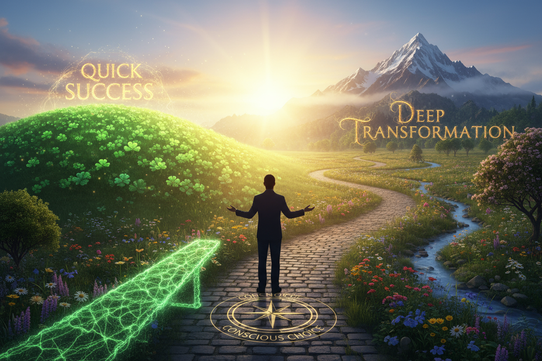 Une personne à un carrefour choisissant entre un "tremplin" pour un succès rapide et un chemin plus long pour une transformation profonde, symbolisant le choix entre un coaching de 3 ou 6 mois.