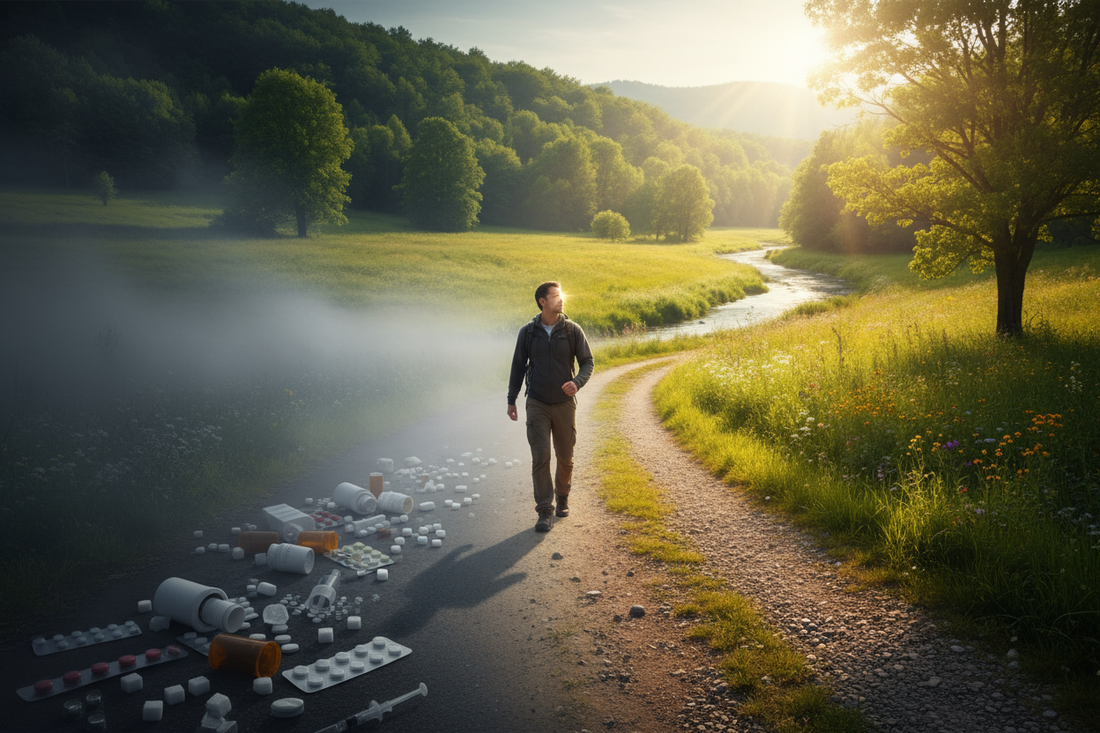 Une personne à un carrefour choisit un chemin ensoleillé et naturel plutôt qu'un chemin sombre, symbolisant la décision d'inverser le diabète de type 2.