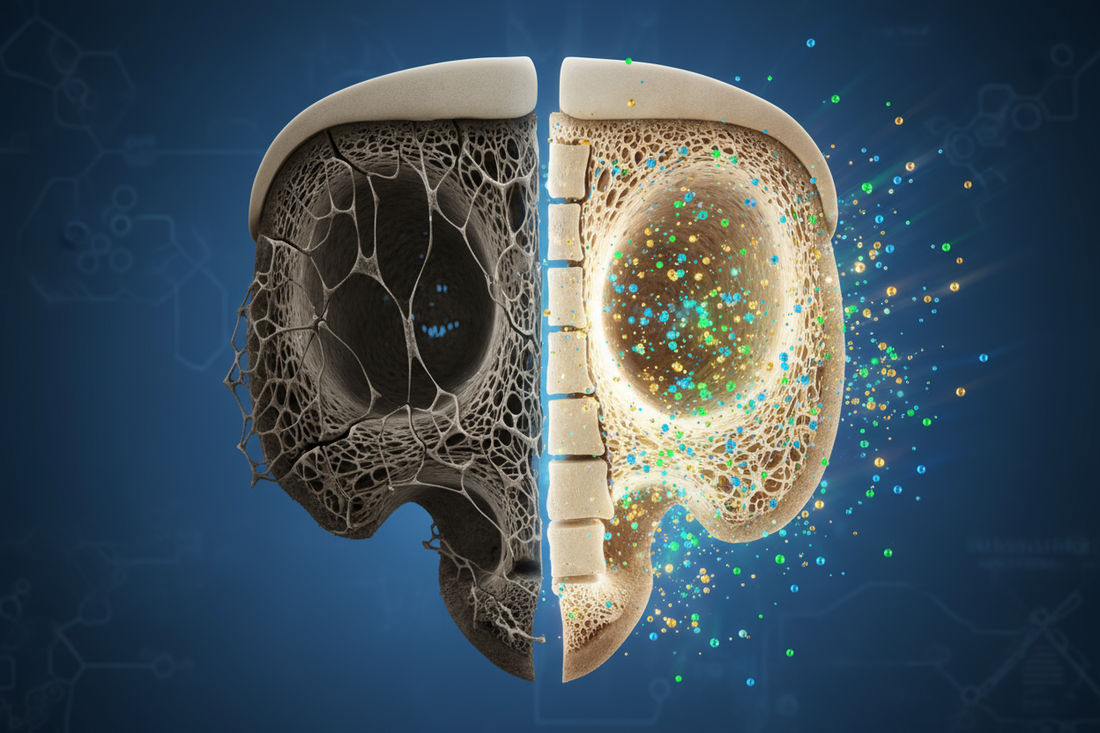 Vue en coupe d'un os, montrant d'un côté la structure fragile de l'ostéoporose et de l'autre une structure dense et solide en cours de renforcement, illustrant la prévention et la régénération osseuse.
