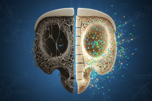Vue en coupe d'un os, montrant d'un côté la structure fragile de l'ostéoporose et de l'autre une structure dense et solide en cours de renforcement, illustrant la prévention et la régénération osseuse.