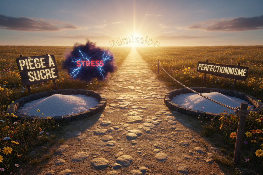 Un chemin lumineux vers la 'Rémission', contournant trois pièges qui symbolisent les erreurs courantes à éviter pour réussir.