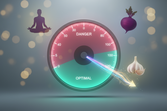 Un manomètre de tension artérielle dont l'aiguille quitte la zone rouge de l'hypertension pour atteindre la zone verte normale, symbolisant la reprise de contrôle sur sa santé par des moyens naturels.