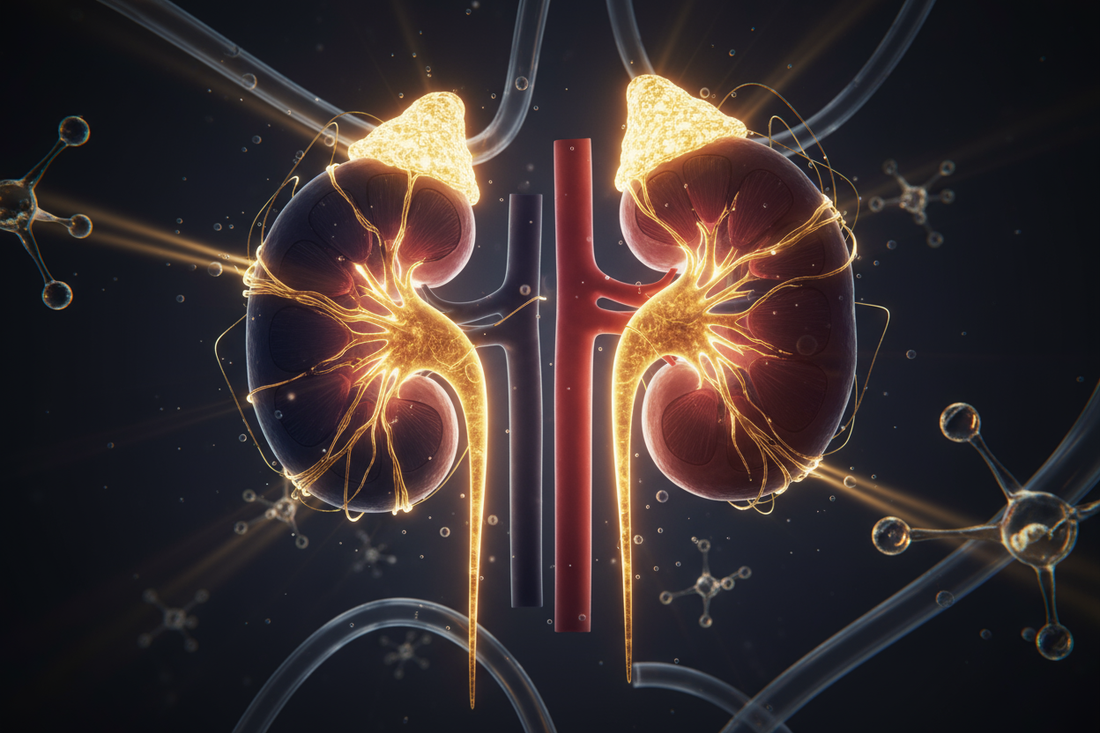 Un rein endommagé en cours de réparation par des filets de lumière dorée, symbolisant la guérison et les nouvelles thérapies pour les maladies rénales.