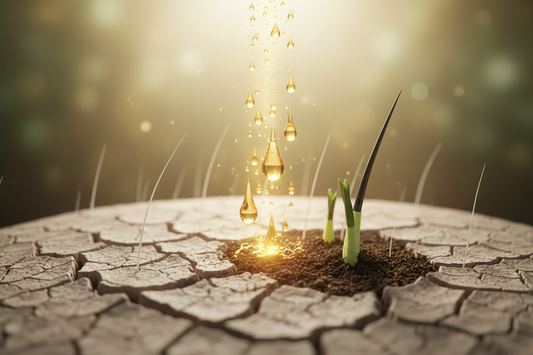 Un cuir chevelu stylisé en terre aride qui redevient fertile et fait germer des cheveux sains sous une pluie de gouttes dorées, symbolisant la guérison de l'alopécie.