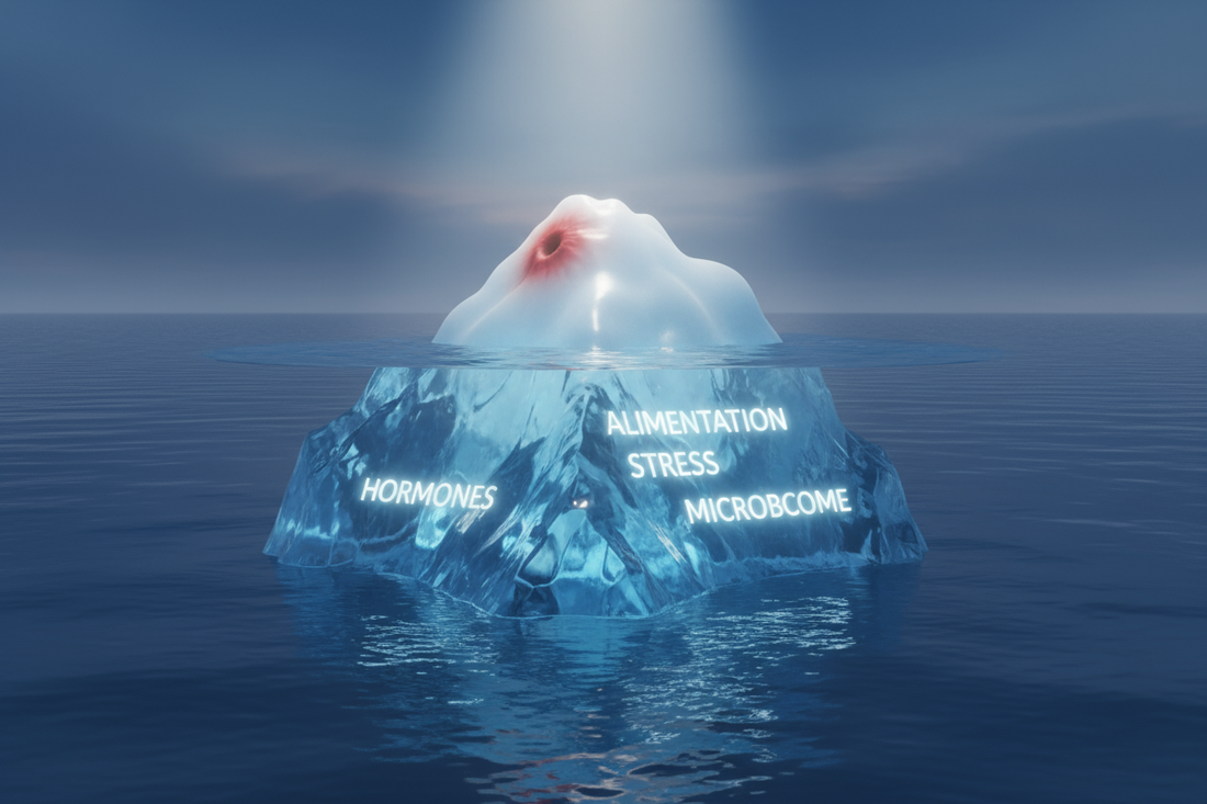 Image conceptuelle d'un iceberg où la pointe visible symbolise l'acné, tandis que la partie immergée révèle ses causes profondes : hormones, alimentation et stress.