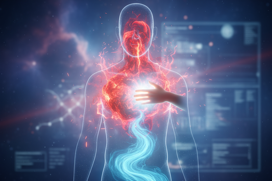 Une silhouette humaine où un torrent rouge de stress est calmé par une main et se transforme en une rivière bleue paisible, symbolisant la maîtrise du cortisol.