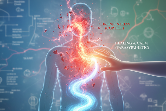 Une silhouette humaine où un torrent de stress rouge est apaisé par une main et se transforme en une rivière bleue et calme, symbolisant la maîtrise naturelle du cortisol.