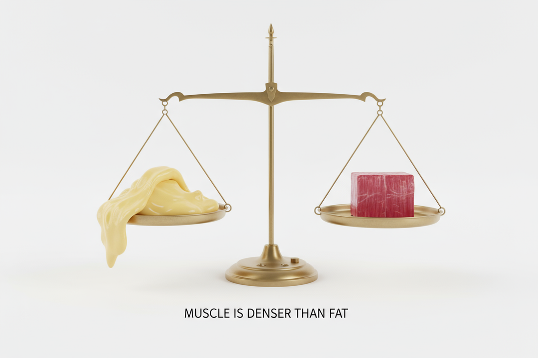 Une balance à l'équilibre, montrant un grand volume de graisse d'un côté et un petit volume de muscle dense de l'autre, symbolisant que le muscle pèse plus lourd que la graisse et que le poids total est un mauvais indicateur de progrès.