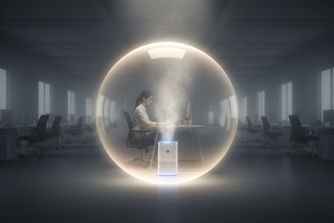 Une personne au bureau, protégée de l'air pollué par une bulle d'air pur générée par un purificateur portable