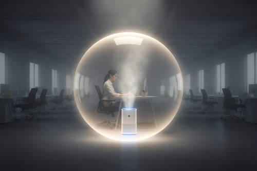 Une personne au bureau, protégée de l'air pollué par une bulle d'air pur générée par un purificateur portable