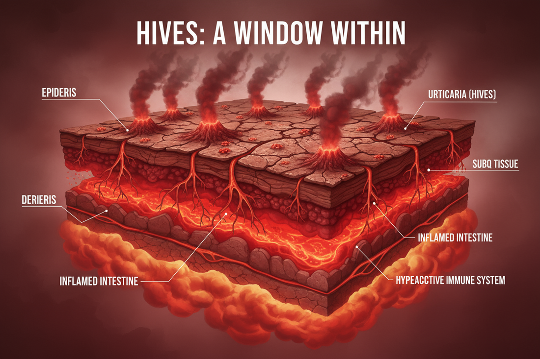 Une vue en coupe de la peau où l'urticaire éclate comme des volcans, alimentée par une inflammation interne symbolisant les causes profondes de la maladie.