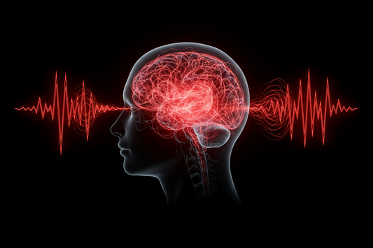 Une silhouette de tête montrant un court-circuit neurologique rouge au niveau du cerveau et de l'oreille, symbolisant la détresse interne et le signal d'alarme des acouphènes.