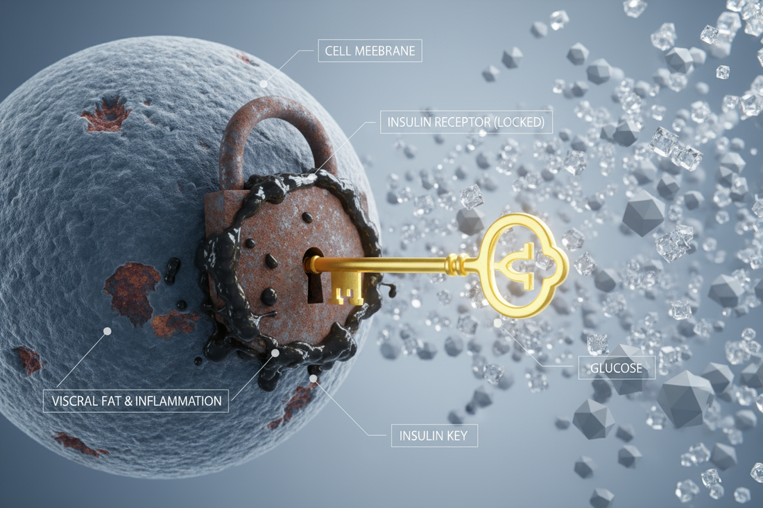 Une clé dorée (insuline) ne pouvant ouvrir la serrure rouillée d'une cellule, symbolisant la résistance à l'insuline, la vraie cause du diabète de type 2.