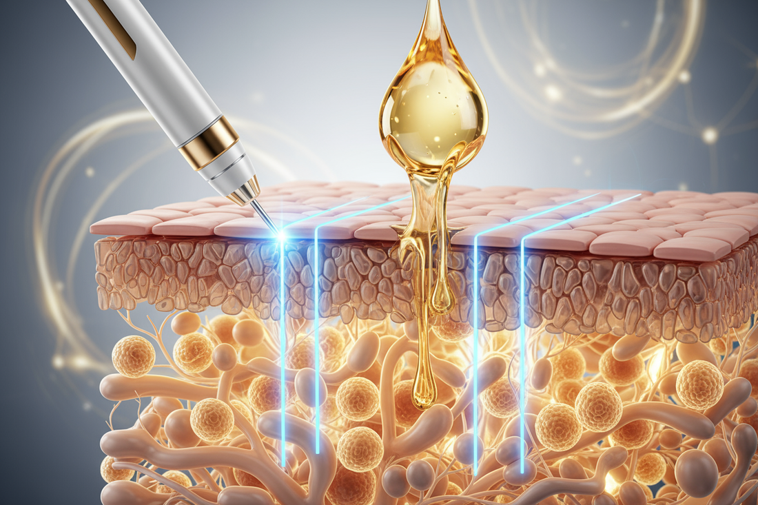 Une vue en coupe de la peau où un Dermapen crée des canaux de lumière pour permettre à un sérum de pénétrer la barrière cutanée, symbolisant l'efficacité du microneedling.
