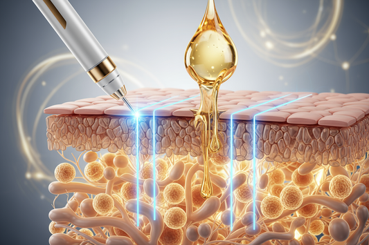 Une vue en coupe de la peau où un Dermapen crée des canaux de lumière pour permettre à un sérum de pénétrer la barrière cutanée, symbolisant l'efficacité du microneedling.