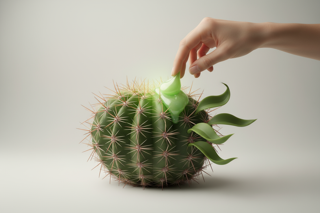 Une main appliquant un baume apaisant sur un cactus, dont les épines se transforment en feuilles, symbolisant le soulagement de la douleur des hémorroïdes.