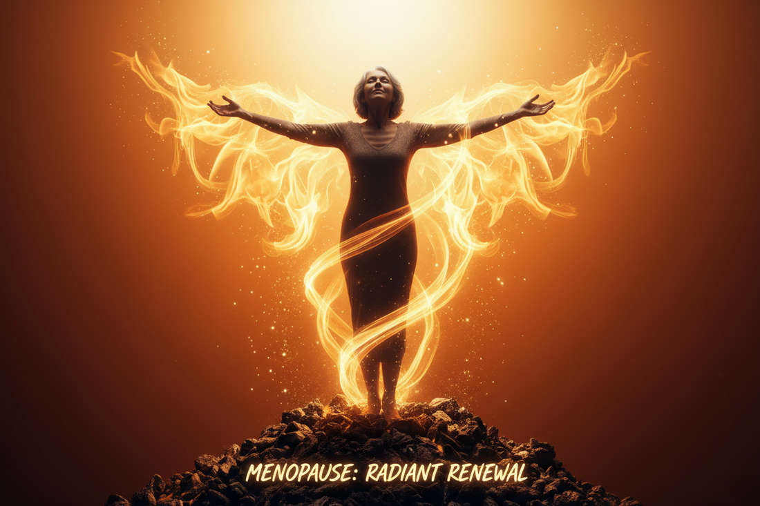 La silhouette d'une femme émergeant des cendres tel un phénix, symbolisant la renaissance et l'épanouissement possibles lors de la ménopause.