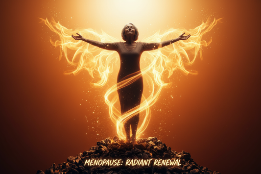 La silhouette d'une femme émergeant des cendres tel un phénix, symbolisant la renaissance et l'épanouissement possibles lors de la ménopause.